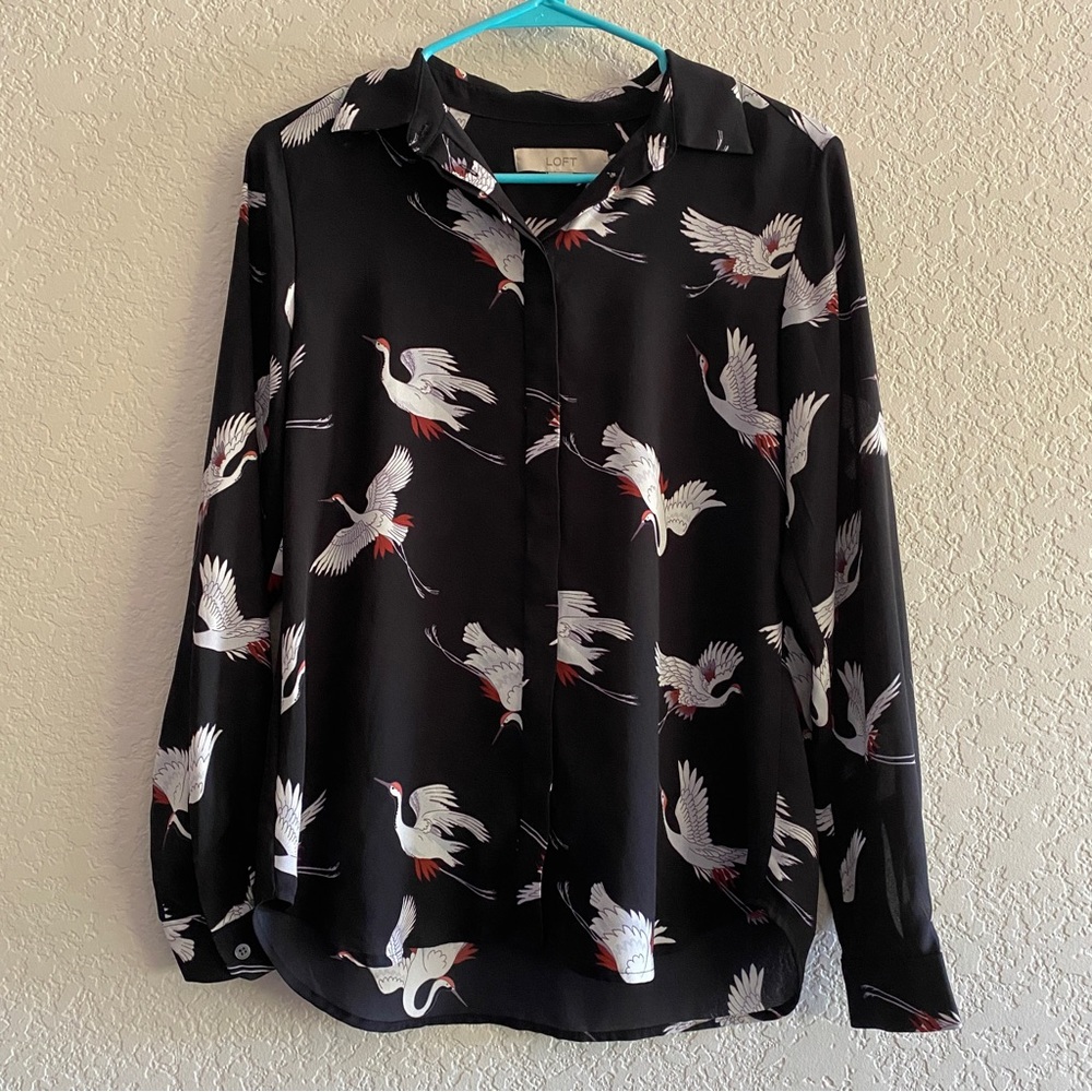 LOFT crane bird print pattern button up top shirt